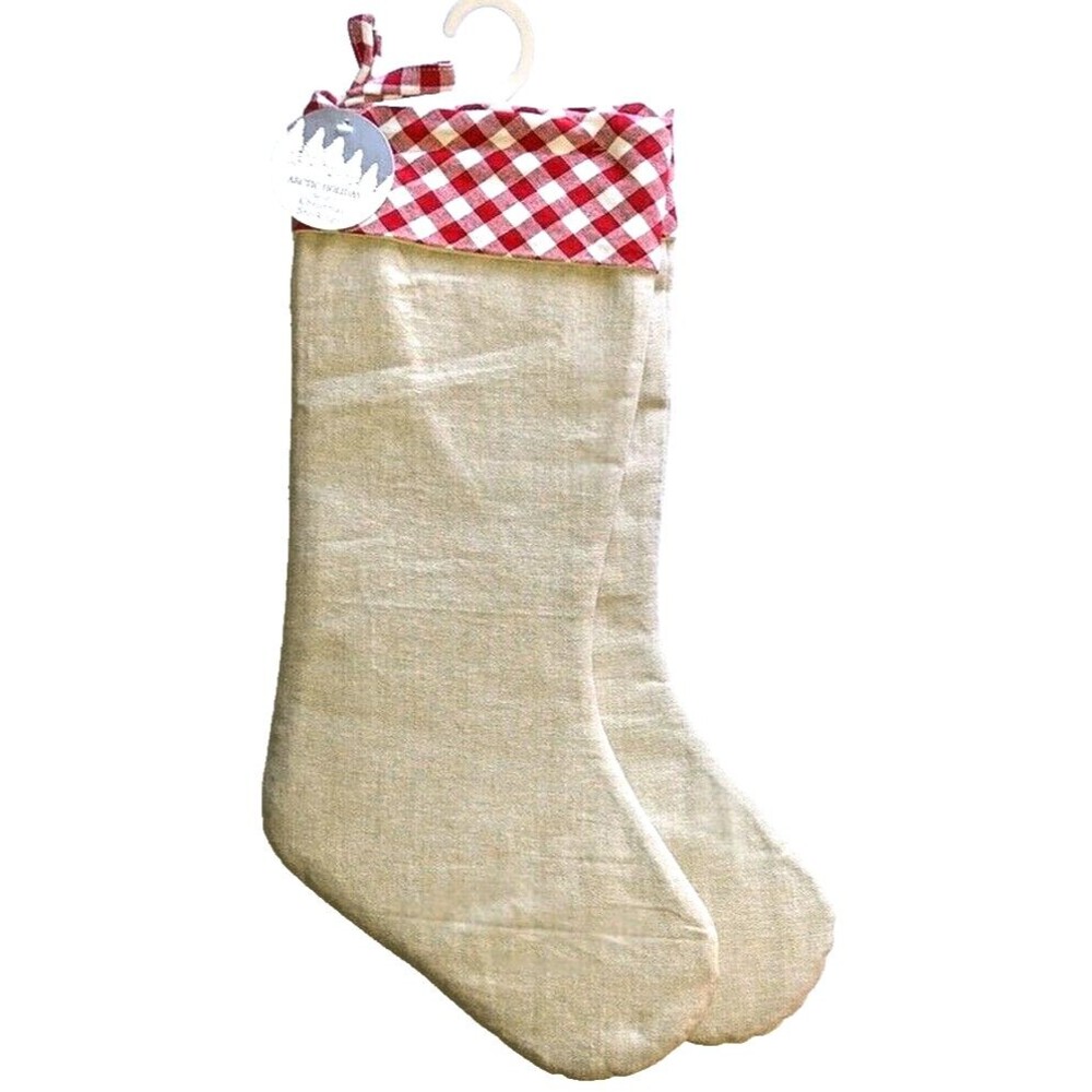 Christmas Stockings 20" Set of 2 Red White Buffalo Plaid Top Beige Cabin Lodge